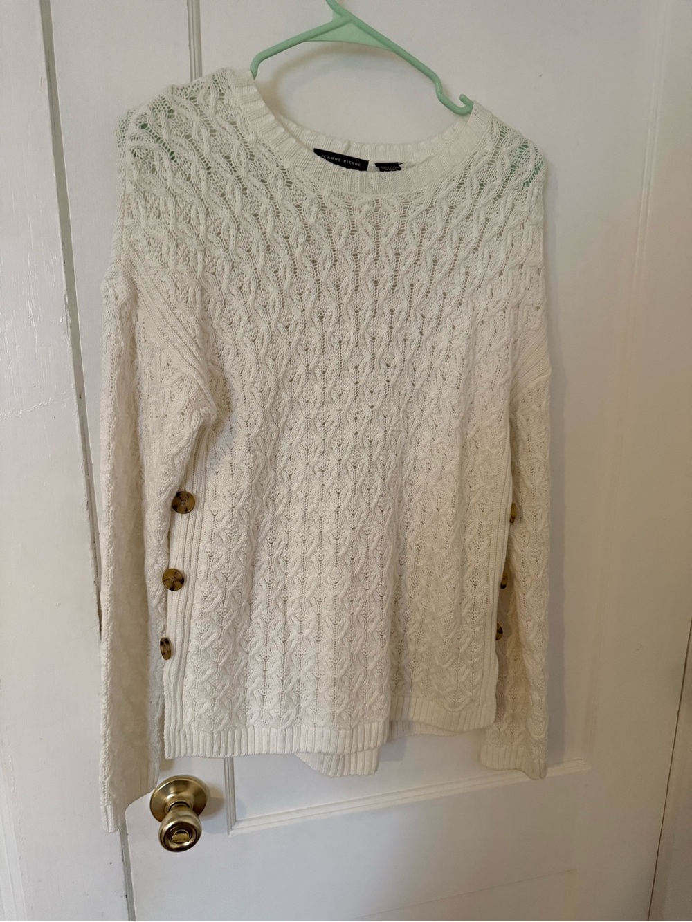 JEANNE PIERRE Cream Cable Knit Scoop Crew Sweater with Side Button Detail